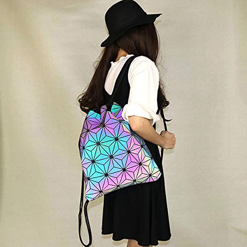 Van Caro Unisex PU Leather Holographic Geometric Drawstring Backpack Gym Travel String Bag, Black - color: Black