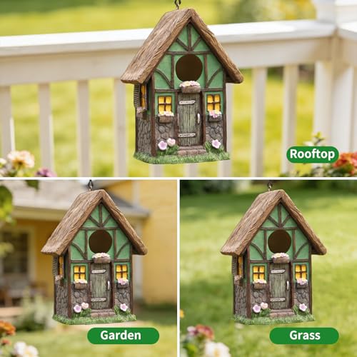 Bird Houses for Outside Rustic Cottage Birdhouse with Thatch Roof Hand-Painted Resin Birdhouses for Outdoors for Bluebird Finches Cardinals Bird Nesting Garden, Patio, Yard - color: Green