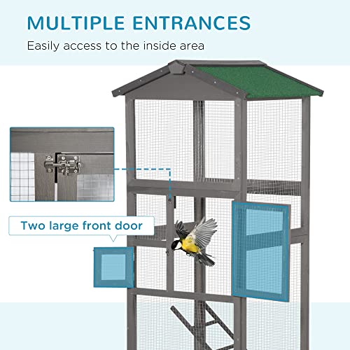 PawHut 65" Wooden Bird Cage Outdoor Aviary House for Parrot, Parakeet, with Pull Out Tray and 2 Doors, Grey | for Parrot, Parakeet, with Pull Out Tray, 2 Doors
