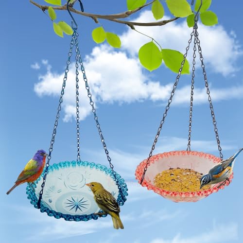 2 Pack Hanging Bird Baths Bowl Outdoor 15.8 Inch Metal Chains, Weather-Resistant Hanging Bird Feeder & Bath Tray for Garden Patio (Plastic, Blue & Pink) - color: Blue&Pink