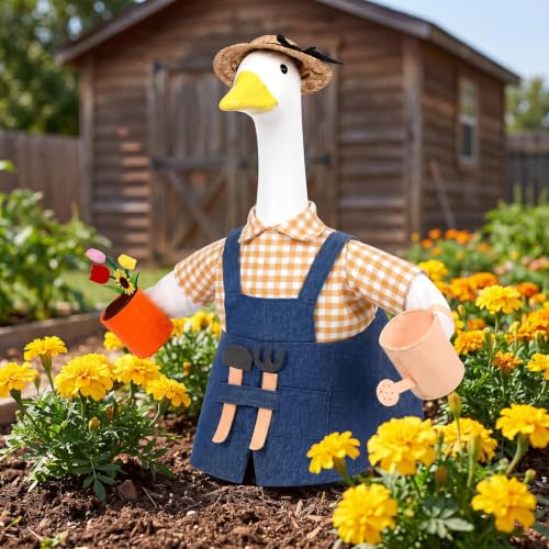 OBUSATT Gardener Porch Goose Outfits Spring Lawn Goose Costume Set | 23 Inch, with Watering Can Flower Pot, for Cement Plastic Goose Statue, Spring Holiday Outdoor Yard Garden Patio Lawn Decor - style: Gardener