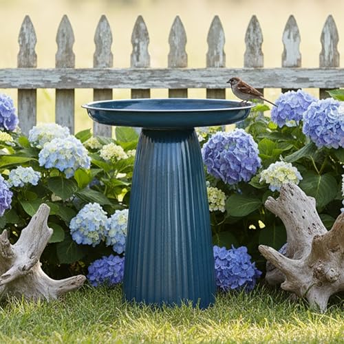 Sunnydaze Modern Bird Bath for Outside, Iron, 23” H, Blue Glaze | UV & Rust-Resistant Matte Finish, Durable Iron,1 Gal Water Cap, Outdoor Birdbath for Garden, Pedestal Bird Bath with Bowl - color: Blue Glaze