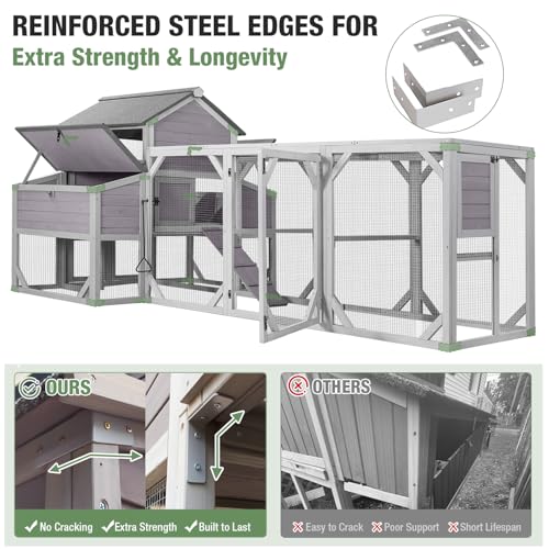 Large Chicken Coop with Run for 8-10 Chickens, Wooden Outdoor Hen House with 3-Section Nesting Box, Walk-in Poultry Cage, Pull-Out Metal Tray, Multiple Perches, Secure Ventilated Design