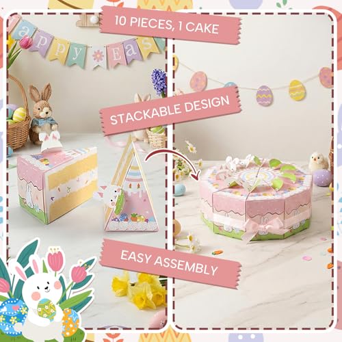10 Piece Cake-Style Easter Box Set, Candy Chocolate Dessert Containers with 3D Bunny & Egg Decor + Pink Ribbon Perfect Easter Treat Boxes & Party Favor Containers for Baby Shower, Birthday Party