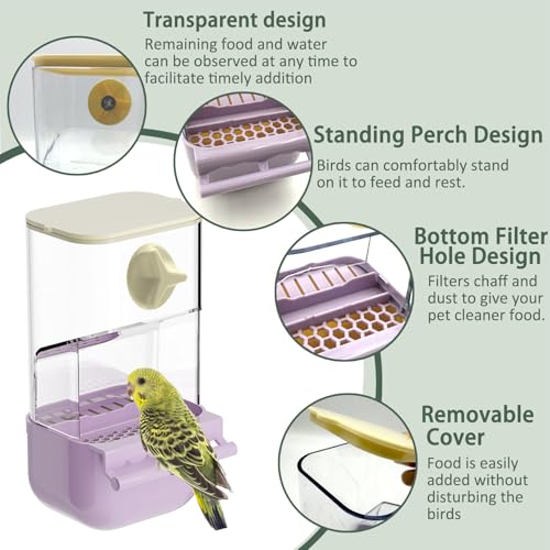 No Mess Bird Feeder Water Dispenser Set Automatic Parrot Feeder | Transparent Acrylic Parrot Food Container Drinker Cage Accessories for Small Birds Canary Parakeet Finch (Purple + Blue, 1) - color: Purple + Blue