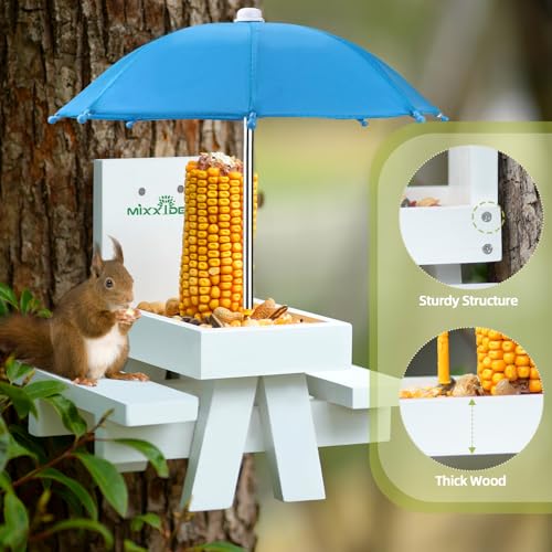 Squirrel Feeder Table with Umbrella, Wooden Squirrel Picnic Table Feeder, Durable Squirrel Feeder Corn Cob Holder, with Solid Structure and 2 x Thick Benches(White&Blue) - color: White&Blue