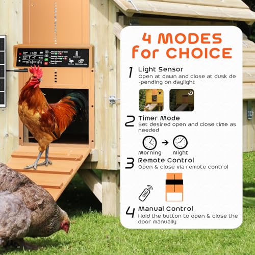 Asfrost Automatic Chicken Coop Door Solar Powered Automatic Chicken Door with Timer & Light Sensor, Anti-Pinch, Durable Aluminum Auto Chicken Door, Charge with 7W Solar Panel & USB - Orange | Timer & Light Sensor Auto Chicken Door for Small Poultry,Solar