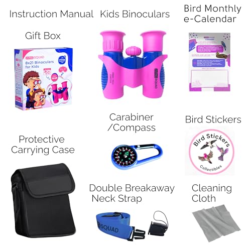 Kids Binoculars Ages 3-12, 8x21 Compact Shockproof Pink | bird watching, camping, hiking, stargazing, includes carry case, neck strap, compass, carabiner, high resolution optics - color: Pink/Blue