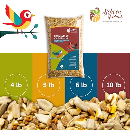 Schoen Farms Little Mess Wild Bird Food Mix – 10 lb Bag – No-Waste Seed Blend with Sunflower Hearts & Millet – Clean Backyard Feed for Finches, Jays & Cardinals