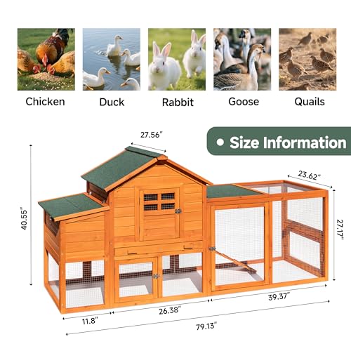 Large Chicken Coop Outdoor Durable Duck House Poultry Pet Hutch & 2 Wood Eggs Run Cage Nesting Box Waterproof Asphalt Roof Ramp Removable Tray Wire Fence for Backyard Small Animal (Orange)