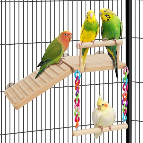Bird Perches Platform Swing with Climbing Ladder Birds Toys Cage Accessories for Cockatiels, Lovebirds, Pacific Parrotlets,Chinchilla, Hamster Play Gym Exercise Stand