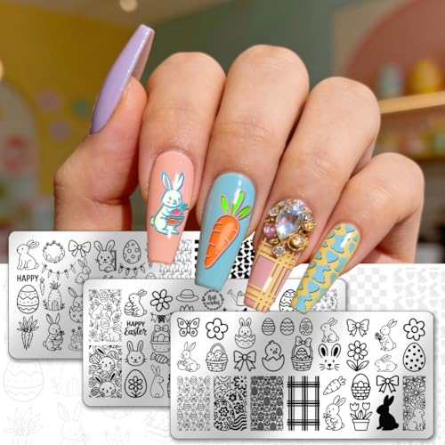 PH PandaHall 3pcs Rabbit Nail Stamping Plates, Eggs Carrot Nail Art Templates Stainless Steel Image Plate Stencils with Tool for DIY Print Manicures Salon Design Supplies - style: Easter