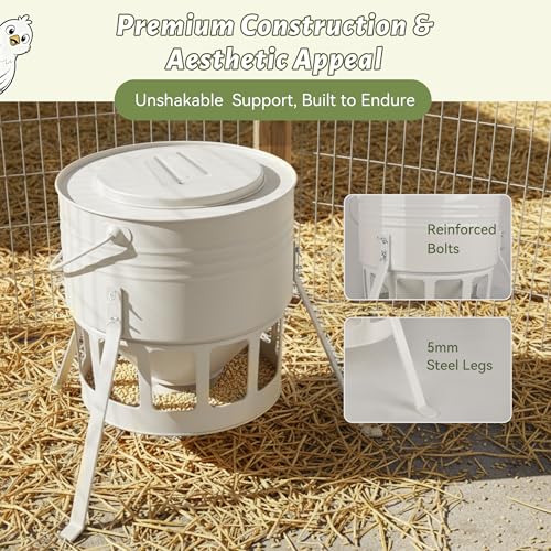 KOL Metal Chicken Feeder - 20lbs No Waste Chicken Feeder with 12 Ports, Powder Coated Rust-Proof Design & Smooth Edges for Safe Feeding (Jade White) - color: Jade White