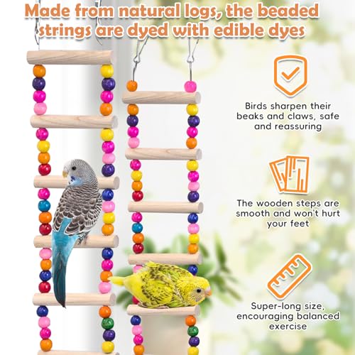 PINVNBY 2 PCS Extra Large Bird Ladder Toys, Wooden Parakeet Swing Toys with Colored Beads, Bird Cage Accessories for Parrot Macaws African Greys Conure Cockatiel (25.6''-10 Steps and 39.3''-18 Steps) - color: Colorful