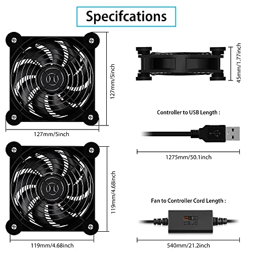 2Pack Quiet 120mm USB Fan Dual-Ball Bearings, USB Fan 5V, with L/M/H 3-Degree Speed Controller High Airflow Cooling Fan for Router Modem Receiver DVR Xbox TV Box - size: 2Pack