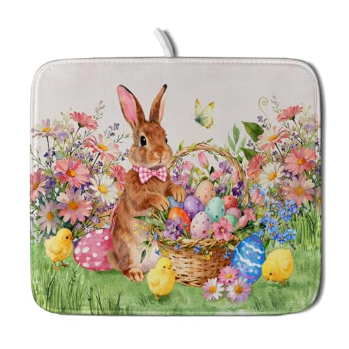 Spring Easter Dish Drying Mat for Kitchen Counter Colorful Egg Holiday Decoration Cloth Dish Mats Small - color: Colorful Easter Bunny, size: 18" x 16"