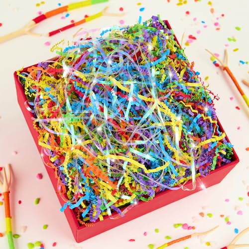 PAPER FAIR Iridescent Rainbow Easter Grass Crinkle Cut Paper, 5OZ Raffia Tissue Paper Filler Shred Strand Craft Bedding Cushion, Anniversary, Back to School, Birthday for Gift Basket Boxes - color: Iridescent Rainbow