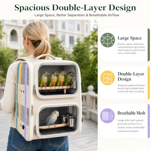 Dual-Level Bird Backpack, Portable Parrot Travel Cage with Removable Divider for 2-4 Small to Medium Birds or 1 Larger Bird,Parrot Bag Carrier with Perch Rods, Feeding Bowls and Trays (Beige)
