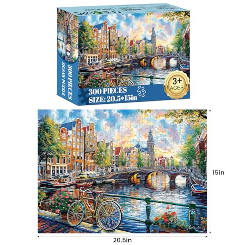 Jigsaw Puzzles 300 Pieces for Adults Bike Puzzles for Kids Ages 8-10 10-12 | River Bridge Town City Scenery Puzzle Games 300 Piece Puzzle Recycled Cardboard Puzzles Educational Toys Gift Family - color: Bike
