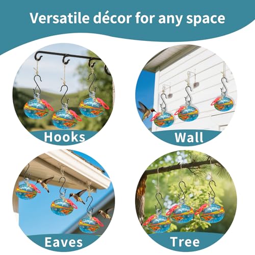 Pozfun Set of 3 Hummingbird Feeders for Outdoors Hanging,Hand-Blown Glass Hummingbird Feeder with Silicone Feeding Perch,Never Leak,Gardening Gifts for Woman Man(Blue) - color: Phoenix Tail Blue