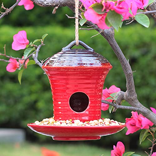 Kimdio Birdhouse Ceramic Hanging Birdhouses Bird Hut Hanging Multi-Function Outdoor Bird Feeders for Wild Birds, Finch, Cardinal, and Bluebird - Red - color: c - Red bird feeder