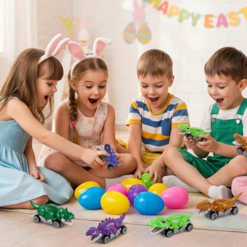 Holydeck 6 Pcs Prefilled Easter Eggs with Metal Dinosaur Car Toys Vehicles Set for Kids Girls Boys Easter Basket Stuffers Party Favors Easter Egg Fillers Hunt
