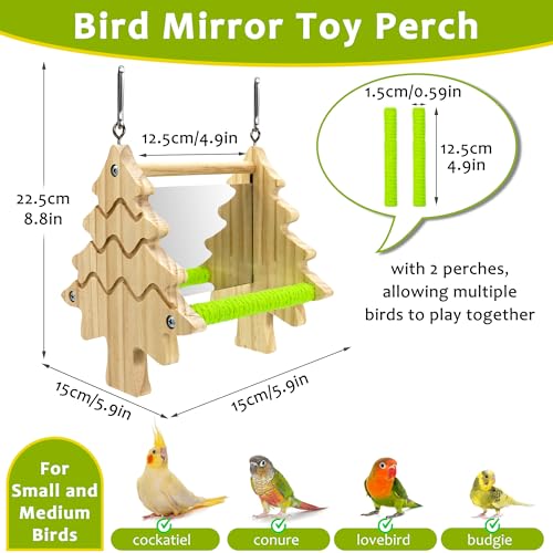2-Sided HD Bird Mirror Toys, Cotton-Wrapped Parakeet Perches Swing | Kiln-Dried Wooden Frame Hanging Parrot Swing for Cages, No Sharp Edges, Safe Bird Toy for Budgies Lovebirds Cockatiels