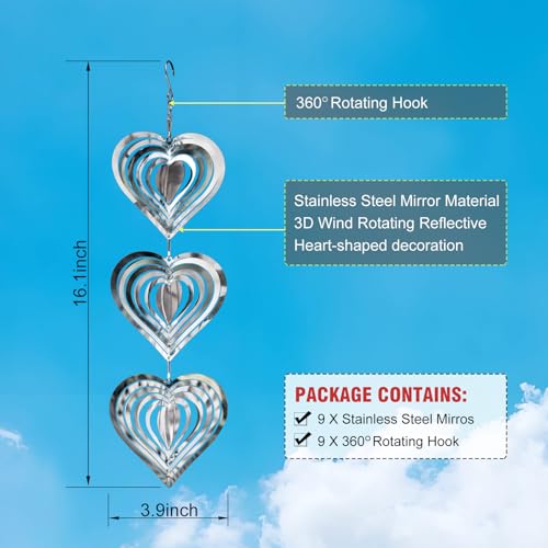9 Pack Heart Shaped Mirror Reflective Hanging Wind Spinners, Stainless Steel 360° Swivel Decorative Discs, Weather Resistant Outdoor Ornaments for Yard, Patio, Balcony & Garden - color: Heart-shaped Silver White