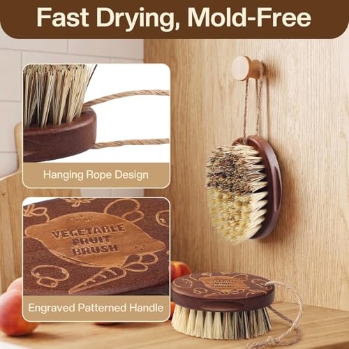 Vegetable and Fruit Cleaning Brush Scrubber Beechwood Handle Fruits Veggie Wash Brushes Potato Carrot Cucumber Mushrooms Washing Cleaner(Beige Brown, 1) - color: Beige Brown