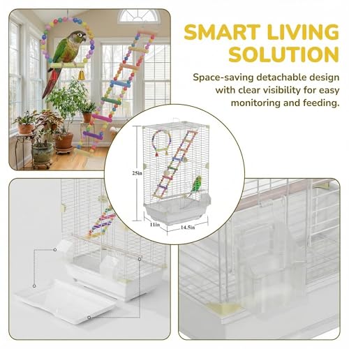 Pet Paradise Bird Cage, 14.6 x 11 x 24.8 inches, Metal Wire Construction, Multiple Perches and Feeders, for Parakeets, Canaries, Finches (White)