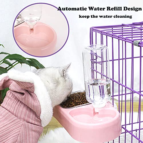 Love Dream Crate Dog Bowl, No Spill Kennel Hanging Pet Food Water Bowl Set | Automatic Water Dispenser and Removable Stainless Steel Bowls Raised Double Bowls for Indoor Cats, Rabbit, Small Medium Dogs - color: Pink