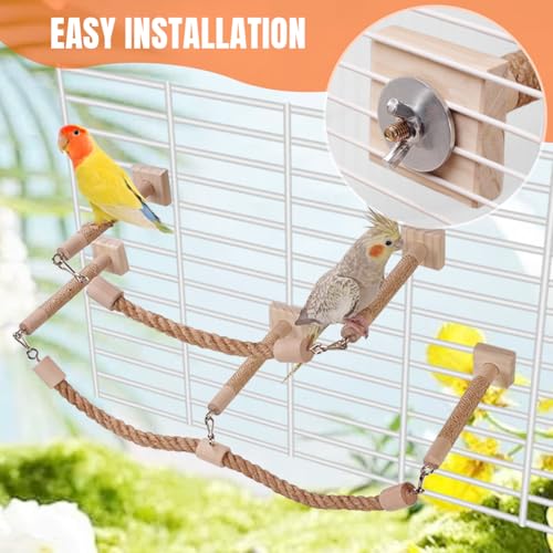 La La Pet Bird Rope Perches for Cage Natural Wood Standing Perch Hanging Bridge and Swing Interactive Birds Toys for Conures Budgies Parakeets Cockatiels Lovebirds 2-Set