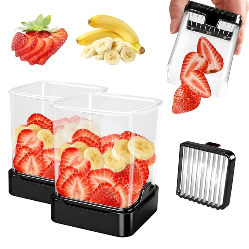2 Pack Fruit Slicer Cup for Strawberry, Banana, Hard-Boiled Egg - Detachable Cutter with Push Plate - Rapid & Safe Slicing Kitchen Gadget for Quick Meal Prep (Black) - color: Black + Black