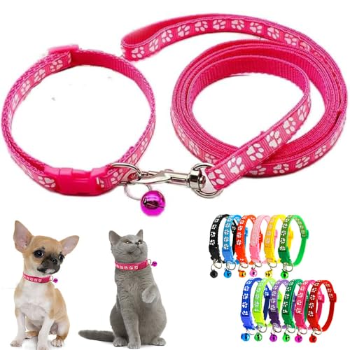 Hot Pink Puppy Collar and Lead Sets, Small Dog Collar and Lead Set Pawprint Adjustable Kitten Collar with Bell for Tiny Little XXS XS Extra Small Breed Pets Dogs Girls Female - color: Hot Pink