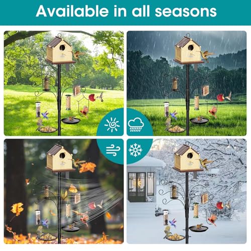 108 Inch Bird Feeder Pole Squirrel Proof, Heavy Duty Bird House Pole, Adjustable Bird Feeder Stand with 5 Shepherds Hooks, 2 Mental Trays, Hummingbird Swing