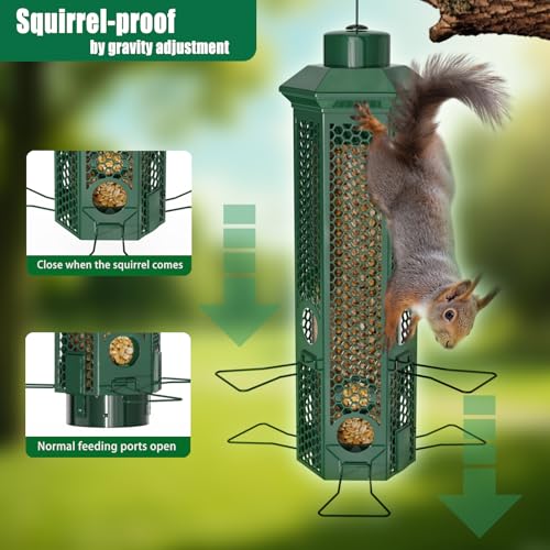 Squirrel Proof Bird Feeders, Bird Feeder for Outdoors with Removable Base, 6 Ports Perches Gravity Protection Squirrel Proof Wild Bird Feeders, 3LB Seed Capacity, Green