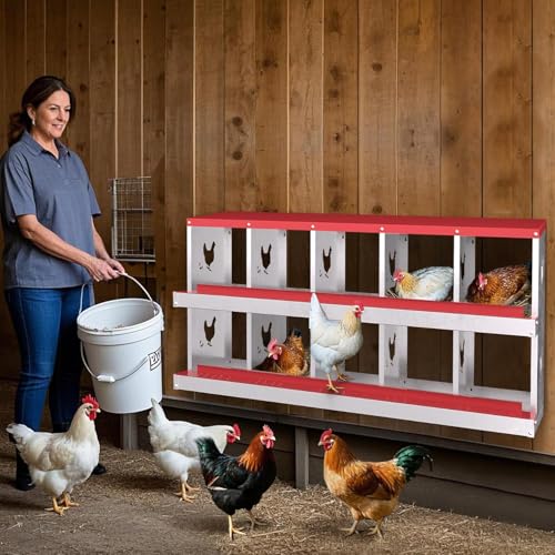 TrailBlaze Chicken Nesting Box 10 Compartments Laying Boxes, Metal Chicken Egg Laying Box with Rollout Egg Collection, Large Vented Holes Chicken Coop for Chickens, Hens (Red) - color: red, size: 10 holes
