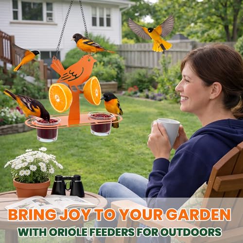 2 Pack Oriole Feeder for Outdoors with Built in Ant Moat, Metal Bird Feeder with 2 Jelly Cup & Orange Holder, Bright Orange Hanging Oriole Feeders for Backyard
