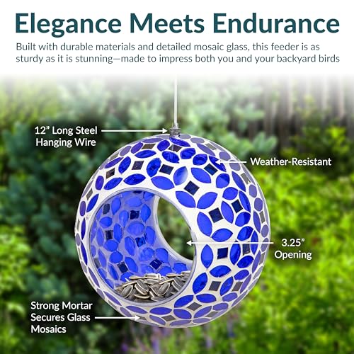 Sunnydaze Mosaic Glass Bird Feeder, Fly-Through, Lavender Mosaic | 6" Small Unique Hanging Bird Feeder for Outdoors, Drainage Hole, Weather-Resistant, Birdfeeder for Cardinals, Jays, & Finches - color: Lavender Mosaic