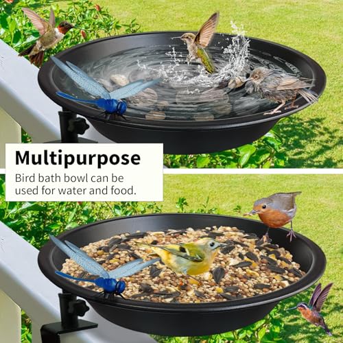 WANGIRO 11.5" 2-in-1 Bird Bath & Feeder Clamp-On Deck Mounted Frosted Black | Rust-Proof Bracket Sturdy Clamp Fits 2.5" Deck Rails Tool-Free Setup, Detachable Easy Clean for Outdoor Garden Patio Yard
