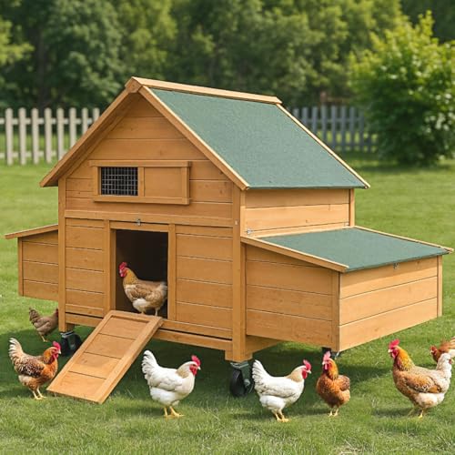 Chicken Coop on Wheels, Large Mobile Wooden Hen House for 4-6 Chickens, Outdoor Poultry Cage with Nesting Box, Chicken House for Outside Farm Backyard - size: 4-6 Chickens