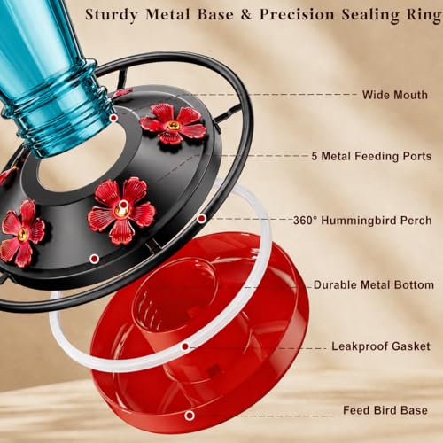 24 OZ Hummingbird Feeder for Outdoors Hanging, | Heavy-Duty Thick Glass Bird Feeder with Floral Decals, Leak-Resistant Metal Base with 5 Feeding Ports & Perch - color: Blue
