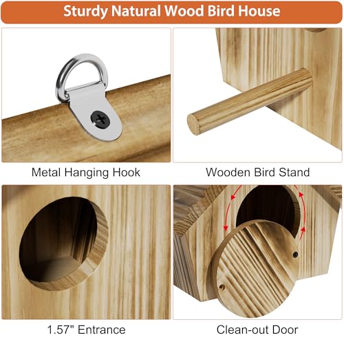 Auslar Bird Houses for Outside, Hanging Wooden Bluebird House for Outdoors | Birdhouses for Bluebird Cardinal Finch Wren Swallow, 1.57" Hole Bird Nesting Box with Perch & Hook, Garden Backyard Decor - style: Herringbone