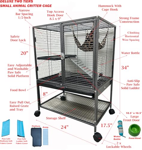 Deluxe Two Tiers Small Animal Critter Cage Tight 1/2-Inch Bar Spacing Water Bottle Food Bowl Feisty Ferret Hammock Chinchilla Rat Mice Squirrel Rabbit Sugar Glider Easy Clean Pull Out Grate Tray - color: Black Vein, size: 24"L x 17.5"W x 34"H