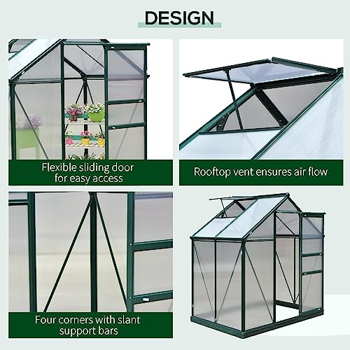 Outsunny 6' x 4' Polycarbonate Greenhouse with Rain Gutter, Dark Green | Aluminum Walk-in Green House, Push Door, for Outside Patio Backyard Garden - color: Dark Green, size: 74.75" x 52" x 79.25"