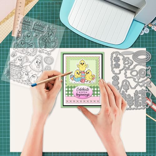 GLOBLELAND Cartoon Chicken Clear Stamps and Metal Die Cuts Spring Easter Hen Transparent Stamp Cute Animals Cutting Dies for Card Making Embossing Scrapbooking - style: Cartoon Chicken
