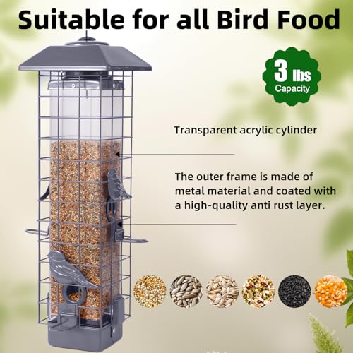 Squirrel Proof Bird Feeder, Metal Mesh Bird Feeder for Outside, Large Capacity and 4 Ports Perches (Silver Gray) - color: Gray