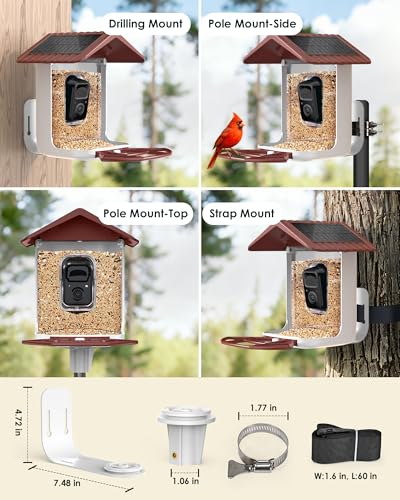 Bird Feeder with Camera Solar Powered 2K Video with 32GB Card Auto Capture | Instant App Alert, AI Identify, Easy Refill, 1.8L Capacity, IP65 Weatherproof, Pole/Bracket Mount, 3 DIY Add-ons, 2.4G Wifi - color: Red