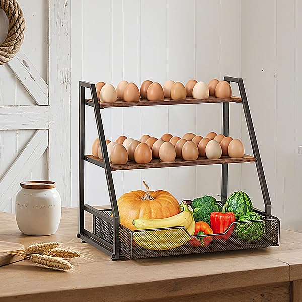 3-Tier Wooden Egg Holder with Basket, Holds 130+ Eggs | Sturdy wooden egg holder, holds 36+90 eggs, carry handle for easy gathering & transport. - size: 3 Tiers