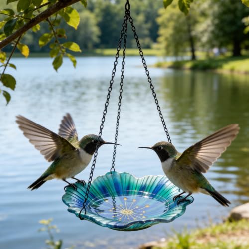 Bird Baths for Outdoors, Glass Birdbaths Outdoor Birdfeeder with Metal Stake (Light Blue with Hanging) - color: Navy Blue with Hanging